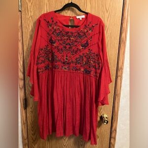 Umgee Red Embroidered Bohemian Dress Floral Bell Sleeves‎ Y2K Scoop Neck 2X